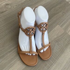 Tory Burch Miller Logo 60mm Wedge Sandal Dusty Cypress brown saddle size 8